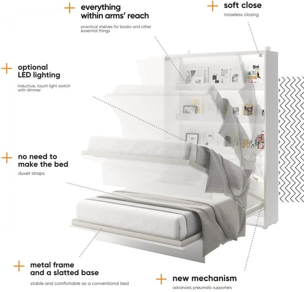 Lenart Pat rabatabil pe perete, cu mecanism pneumatic si somiera inclusa, Bed Concept Horizontal Alb Mat, 200 x 140 cm