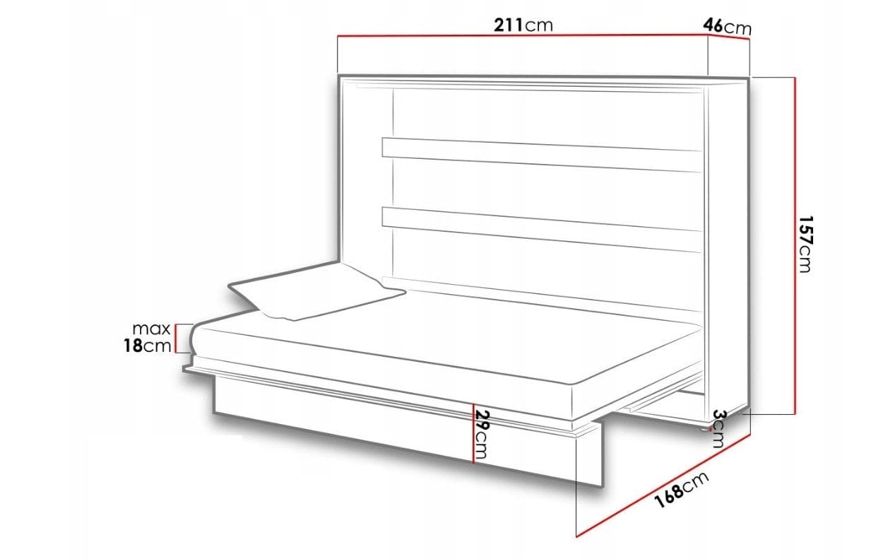 Lenart Pat rabatabil pe perete, cu mecanism pneumatic si somiera inclusa, Bed Concept Horizontal Gri Mat, 200 x 140 cm