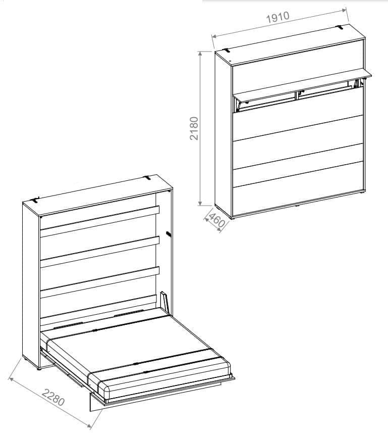 Lenart Pat rabatabil pe perete, cu mecanism pneumatic si somiera inclusa, Bed Concept Vertical Stejar Artisan, 200 x 180 cm