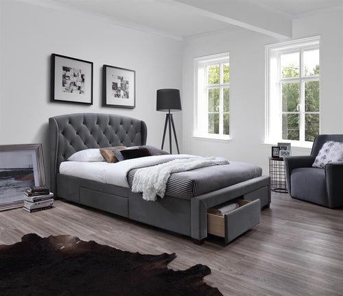 Pat tapitat cu stofa, cu 4 sertare Sabrinis Velvet Gri, 200 x 160 cm & HLMP-PAT-4SERT-SABRINA-GREY