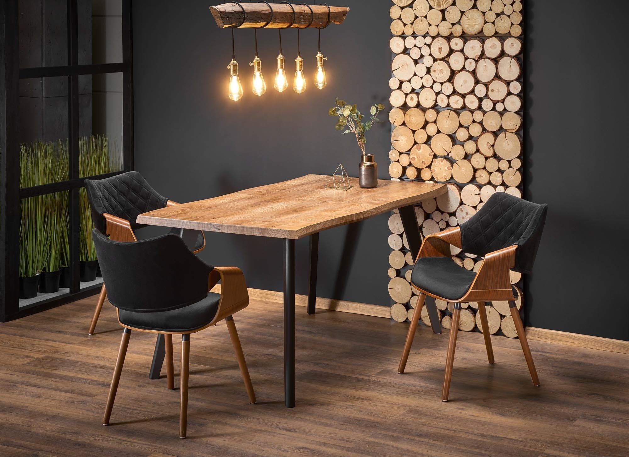 Halmar Scaun din pal tapitat cu stofa si picioare de lemn, Kai-396 Velvet Negru / Nuc, l56xA55xH77 cm