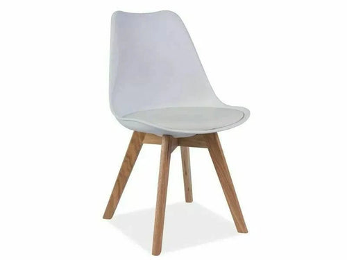 Scaun din plastic, sezut tapitat cu piele ecologica si picioare din lemn, Kris Alb / Stejar, l49xA41xH83 cm
