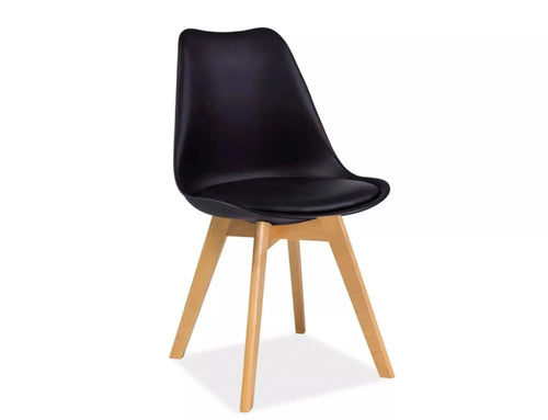 Scaun din plastic, sezut tapitat cu piele ecologica si picioare din lemn, Kris Negru / Natural, l49xA41xH83 cm