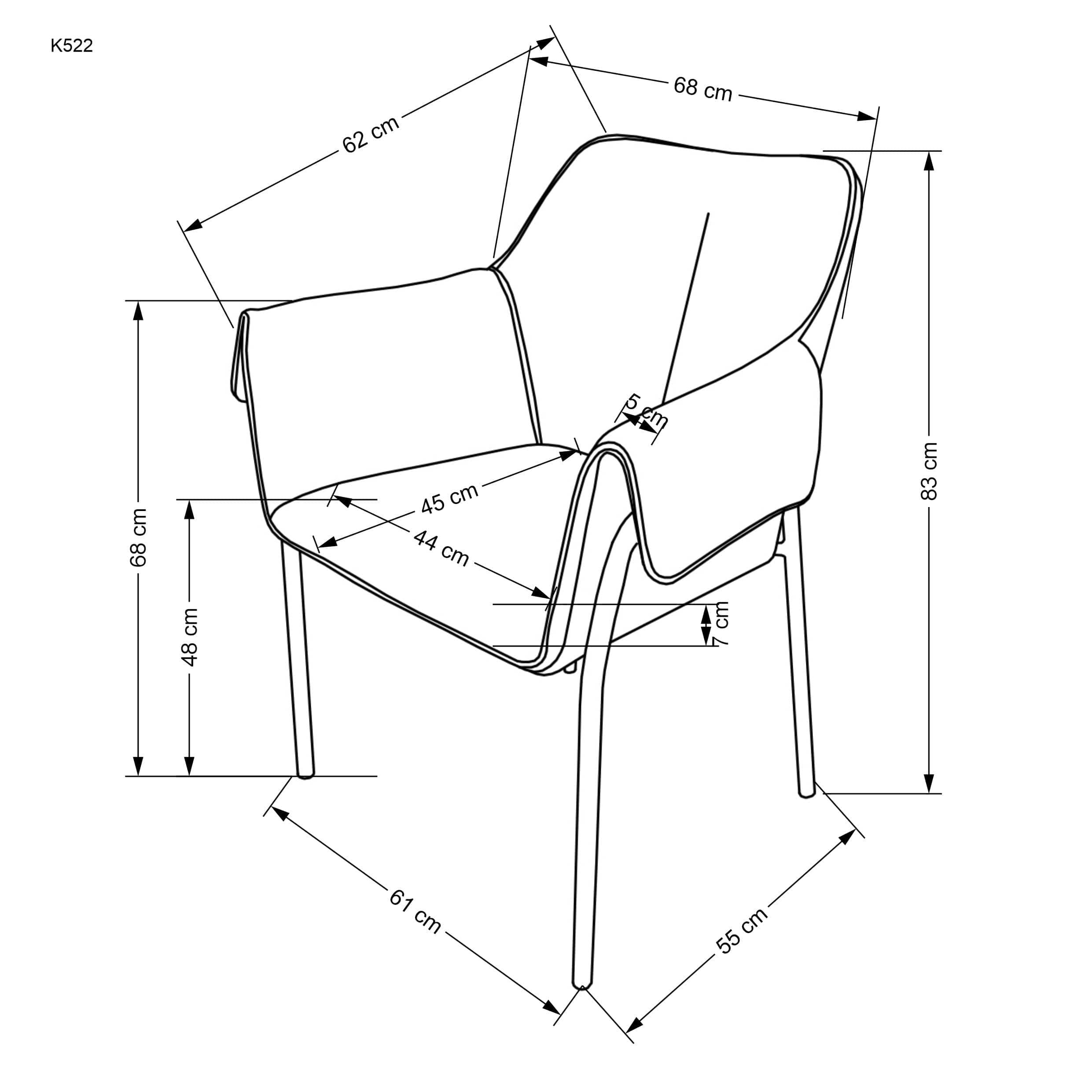 Scaun tapitat cu stofa si picioare metalice, K522 Gri / Negru, l68xA32xH83 cm (2)