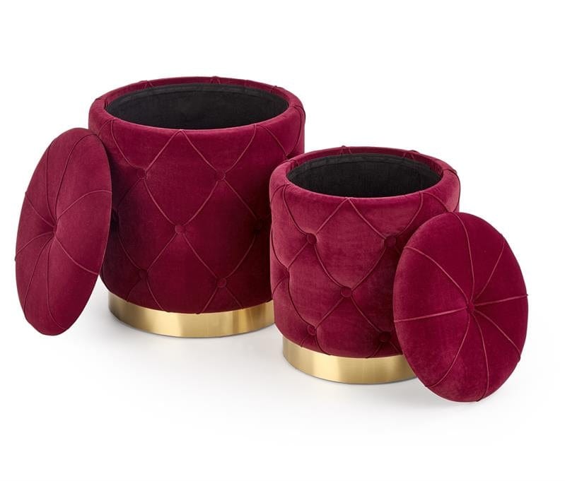 Set 2 taburete tapitate cu stofa si spatiu de depozitare Polymorph Bordeaux, Ø40xH44 / Ø33xH38 cm (1)