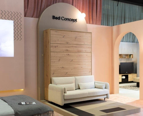 Lenart Set Canapea Fixa, 2 Locuri, BC18 Bej Boucle, l164xA93xH74 cm + Pat rabatabil pe perete cu tablie tapitata Bed Concept Vertical Stejar Artisan, 200 x 140 cm