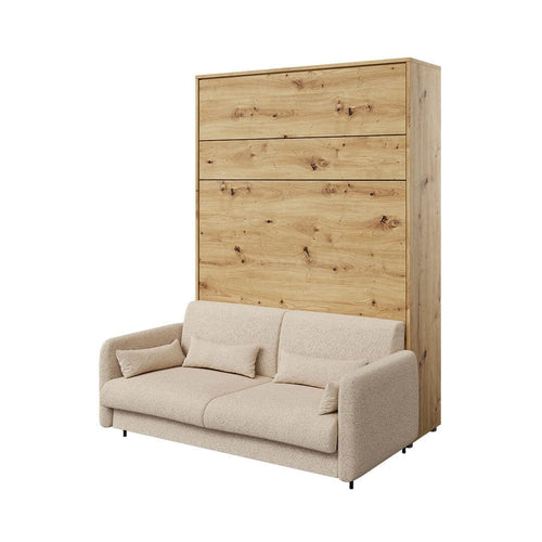 Lenart Set Canapea Fixa, 3 Locuri, BC19 Bej Boucle, l184xA93xH74 cm + Pat rabatabil pe perete cu tablie tapitata Bed Concept Vertical Stejar Artisan, 200 x 160 cm