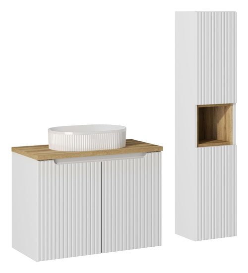Set Mobilier pentru baie, din pal si MDF, 5 piese, 80 cm, Beyond Alb / Stejar
