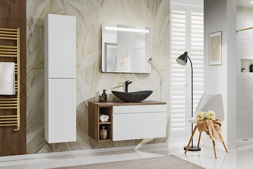 Comad Set Mobilier pentru baie, din pal si MDF, 6 piese, 100 cm, Iconic Alb Mat / Stejar