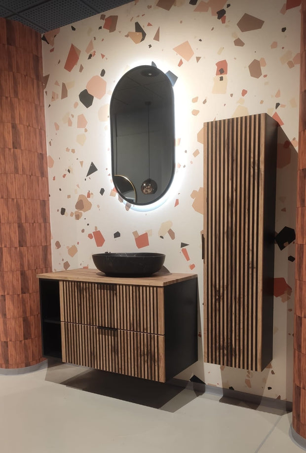 Set Mobilier pentru baie, din pal si MDF, 6 piese, 100 cm, Xilo Stejar Wotan / Negru (1)