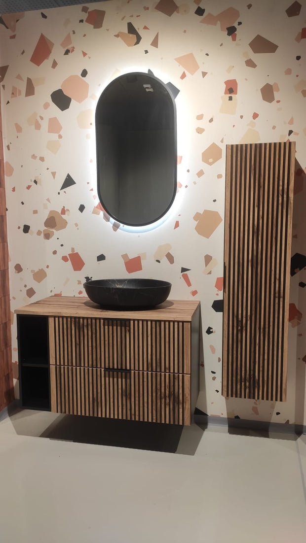 Set Mobilier pentru baie, din pal si MDF, 6 piese, 100 cm, Xilo Stejar Wotan / Negru (3)