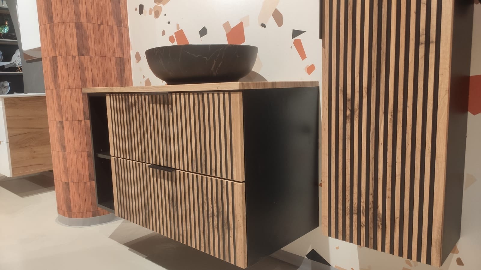 Set Mobilier pentru baie, din pal si MDF, 6 piese, 100 cm, Xilo Stejar Wotan / Negru (4)