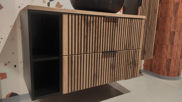 Set Mobilier pentru baie, din pal si MDF, 6 piese, 100 cm, Xilo Stejar Wotan / Negru (6)