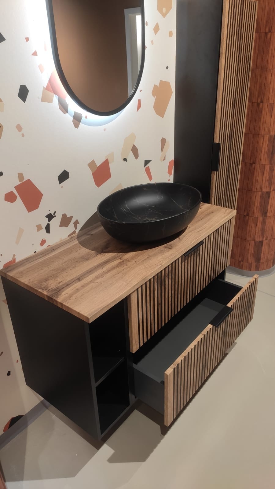 Set Mobilier pentru baie, din pal si MDF, 6 piese, 100 cm, Xilo Stejar Wotan / Negru (8)