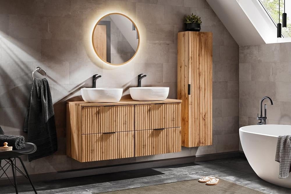 Comad Set Mobilier pentru baie, din pal si MDF, 7 piese, 120 cm, Adel Stejar