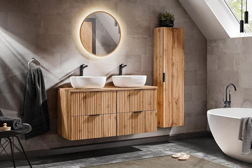 Comad Set Mobilier pentru baie, din pal si MDF, 7 piese, 120 cm, Adel Stejar