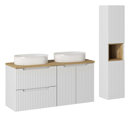 Set Mobilier pentru baie, din pal si MDF, 7 piese, 120 cm, Beyond Alb / Stejar