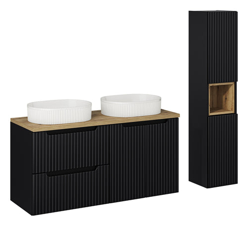 Set Mobilier pentru baie, din pal si MDF, 7 piese, 120 cm, Beyond Negru / Stejar / Alb