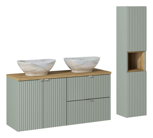 Set Mobilier pentru baie, din pal si MDF, 7 piese, 120 cm, Pati Verde / Stejar / Alb