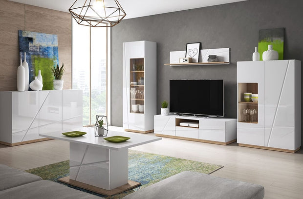 Lenart Vitrina din pal, cu 1 usa si LED inclus, Futura 02 Small Alb / Stejar Riviera, l60xA41xH191 cm