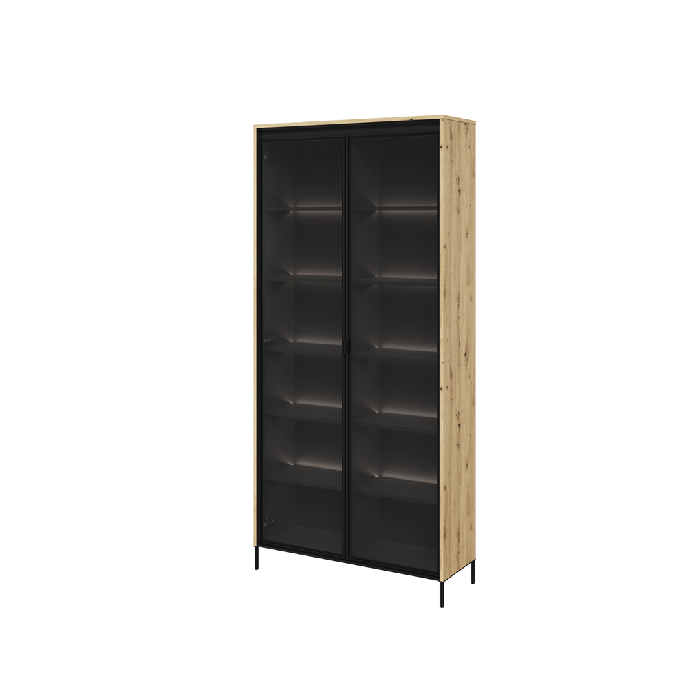 Lenart Vitrina din pal, cu 2 usi si LED inclus, Trend TR-07 V2 Stejar Artisan / Negru, l92xA34xH196 cm