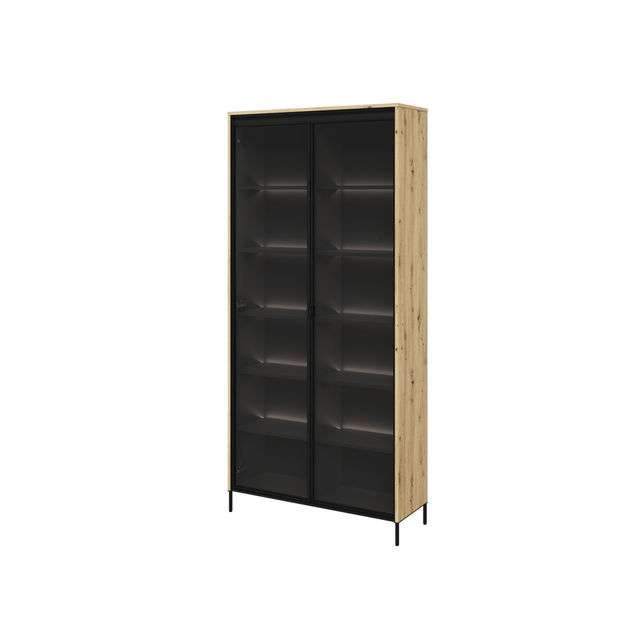 Lenart Vitrina din pal, cu 2 usi si LED inclus, Trend TR-07 V2 Stejar Artisan / Negru, l92xA34xH196 cm