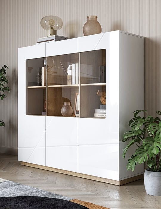 Lenart Vitrina din pal, cu 3 usi si LED inclus, Futura 06 Large Alb / Stejar Riviera, l150xA41xH141 cm