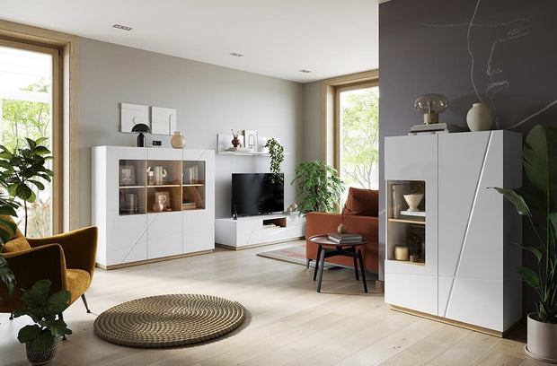 Lenart Vitrina din pal, cu 3 usi si LED inclus, Futura 06 Large Alb / Stejar Riviera, l150xA41xH141 cm